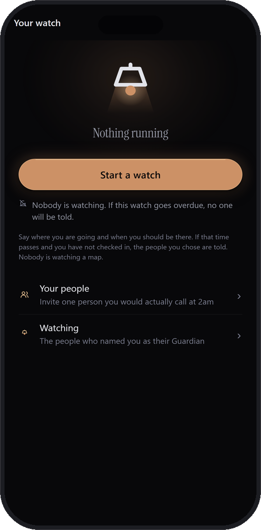 The Porchlight home screen with nothing running: the lamp, the words Nothing running, a copper Start a watch button, and two rows, Your people and Watching.